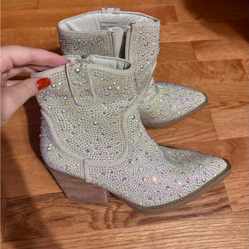 Madden Girl Jolene White Rhinestone Heeled Ankle Boot Western Style